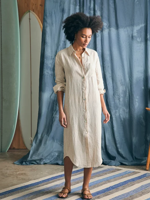 Laguna Linen Midi Dress - Golden Sun Stripe