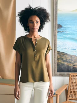 Sandwashed Silk Desmond Top - Military Olive