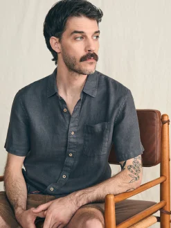 Short-Sleeve Palma Linen Shirt - Washed Black Basketweave