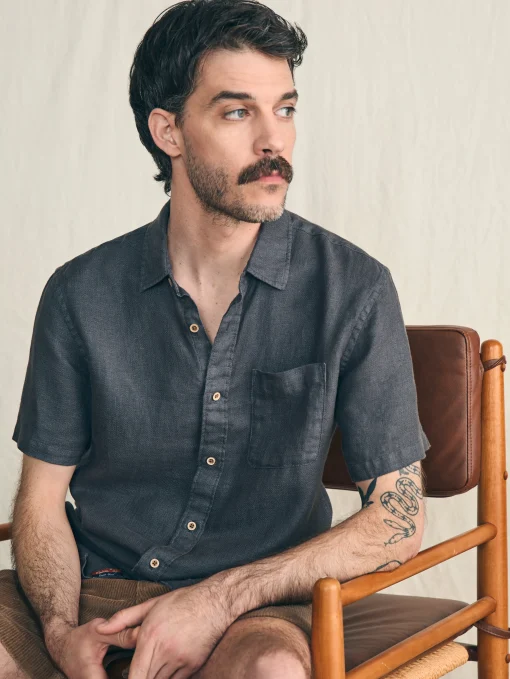 Short-Sleeve Palma Linen Shirt - Washed Black Basketweave