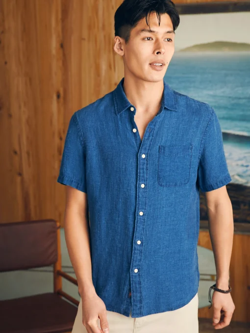 Short-Sleeve Palma Linen Shirt - Indigo Basketweave