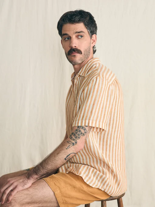Short-Sleeve Palma Linen Shirt - Gold Ivory Stripe