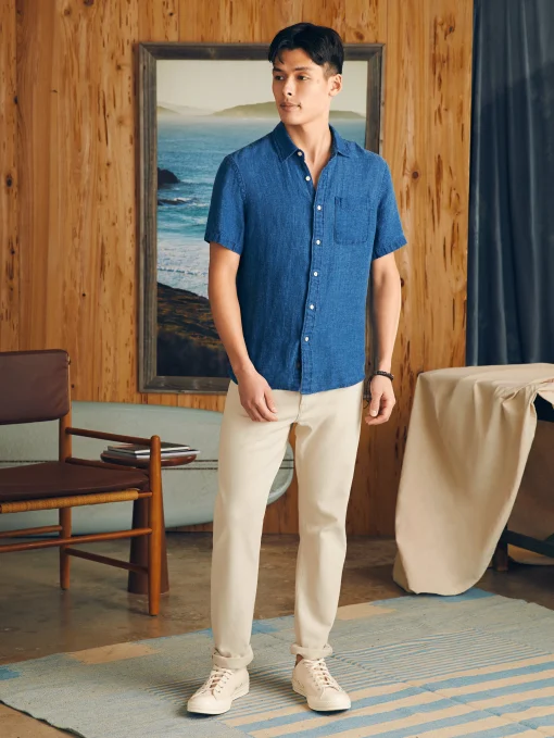 Short-Sleeve Palma Linen Shirt - Indigo Basketweave