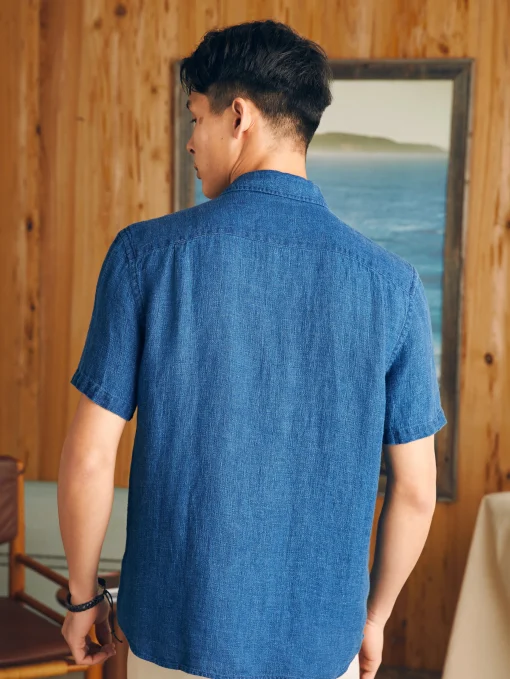 Short-Sleeve Palma Linen Shirt - Indigo Basketweave